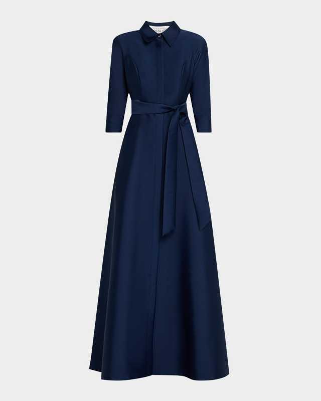 Belted 3/4-Sleeve Mikado Shirt Gown
